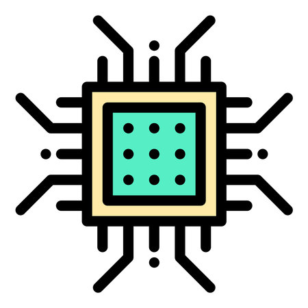 Microchip icon flat line style illustration representing electronic circuitry and computing power, suitable for technology, hardware development, and digital innovation projectsのイラスト素材