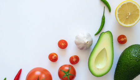 Creative layout made of avocado, onion, tomatoes, pepper, and lemon flat lay on white background showcasing fresh colorful vegetables and fruit, ideal for healthy food photography, recipe designの素材
