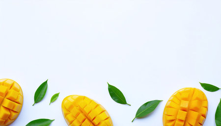 Creative layout made of mango and leaves flat lay on white background showcasing fresh tropical fruit and vibrant foliage, perfect for healthy food photography, tropical brandingの素材