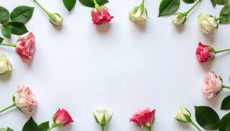 Framework from roses flat lay on white background showcasing elegant floral arrangement, perfect for romantic designs, wedding invitations, seasonal decorations, and creative styling projects.の素材