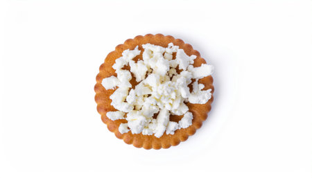 Golden round cracker topped with crumbly white cheese flat lay on white background showcasing a delicious snack, perfect for food photography, appetizer design, culinary projects, and gourmet brandingの素材