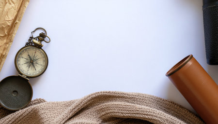 Vintage adventurer essential gear flat lay on white background with copy space, ideal for travel history themes, exploration concepts, retro expedition design, and adventure lifestyle projects.の素材