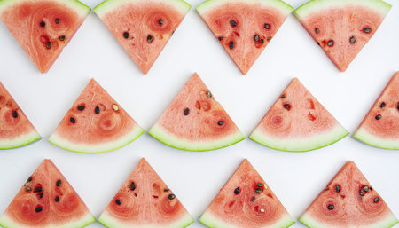 Slices of watermelon flat lay on white background with copy space, perfect for summer fruit photography, healthy eating themes, refreshing snack concepts, and seasonal design projects.の素材
