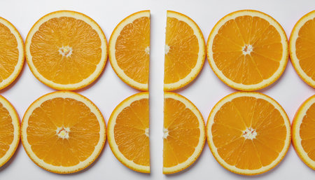 Orange fruit slices flat lay on white background with copy space, perfect for healthy eating concepts, fruit photography, summer themes, and nutrition design projects.の素材