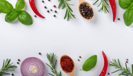 Mediterranean herbs and spices flat lay on white background with copy space, perfect for cooking themes, gourmet cuisine, healthy eating concepts, and culinary design projects.の素材