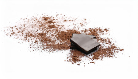 Milk chocolate explosion with cocoa crumbs and shavings isolated on white background with copy space, perfect for dessert themes, confectionery design, gourmet food photography, and sweet treatの素材