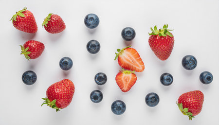 Blueberry and strawberry fruits arrangement flat lay on white background with copy space, perfect for healthy eating concepts, summer fruit themes, food photography, and nutrition design projects.の素材