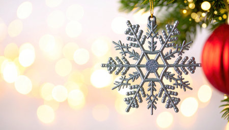 Close up photo of a Christmas tree ornament with reflection of festive lights, highlighting holiday decoration, celebration atmosphere, seasonal tradition, and warm winter mood.の素材