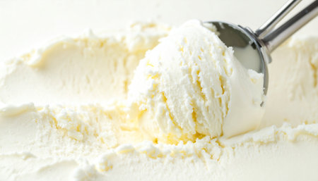 Close up photo of melting ice cream scoop with copy space, highlighting sweet dessert, creamy texture, indulgent treat, summer snack, and gourmet food photography concept.の素材