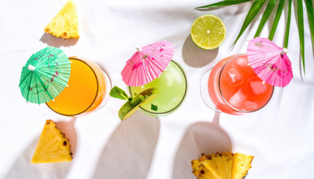 Flat lay photo of tropical cocktails with umbrellas and fruit garnishes, highlighting summer refreshment, exotic beverages, vacation lifestyle, festive party mood, and colorful drink styling.の素材