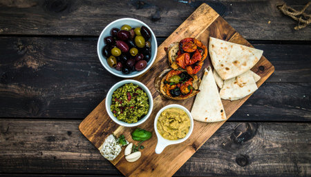 Flat lay photo of Mediterranean tapas with olives, hummus, and pita bread on rustic wood, highlighting authentic cuisine, gourmet appetizer, cultural dining, healthy lifestyle, and rustic food styling.の素材