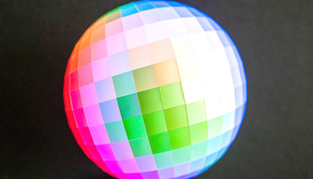 Macro photo of glowing LED pixels on screen grid, highlighting digital display technology, vibrant light detail, modern innovation, electronic surface, and futuristic visual concept.の素材