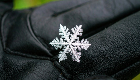 Close up macro photo of snowflake detail on black glove, highlighting frozen crystal pattern, winter atmosphere, natural ice texture, delicate beauty, and seasonal cold concept.の素材