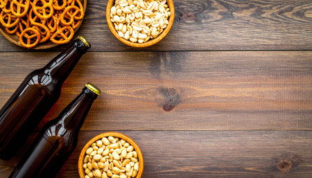 Flat lay photo of craft beer bottles with peanuts and pretzels, highlighting casual pub atmosphere, snack pairing, brewery lifestyle, festive gathering, and rustic beverage presentation.の素材