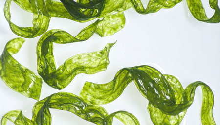 Close up of algae floating on the surface of a pond with copy space background, ideal for nature studies, environmental projects, aquatic ecosystems, water quality concepts, and natural textureの素材