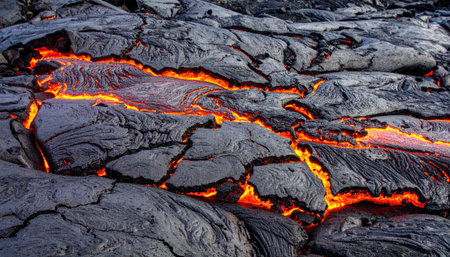 Close up of flowing lava cracks with copy space background, perfect for geology themes, volcanic activity concepts, natural disaster visuals, earth science studies, and dramatic texture design projectの素材