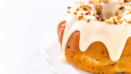 Close up of a cinnamon roll with sweet glaze dripping and copy space background, perfect for bakery themes, dessert photography, food styling, sweet treat concepts, and culinary design projects.の素材