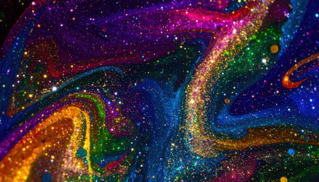 Close up of glitter particles glowing with copy space background, ideal for festive themes, celebration visuals, luxury design projects, abstract textures, and creative decoration concepts.の素材