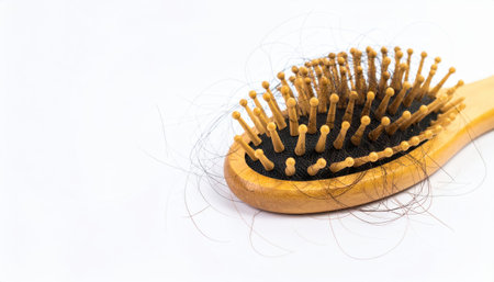 Close up of hairbrush bristles with strands and copy space background, suitable for beauty themes, personal care concepts, hair styling projects, hygiene visuals, and grooming product design.の素材