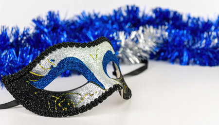 Close up of a New Year glittery mask with copy space background, perfect for holiday celebration themes, festive party visuals, masquerade concepts, carnival design, and sparkling decoration projects.の素材