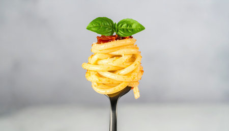Close up of a pasta fork twirling spaghetti with copy space background, perfect for Italian cuisine themes, food photography projects, gourmet dining visuals, homemade cooking, and culinary lifestyle.の素材