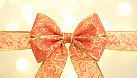 Close up of holiday gift ribbon bow with blurred copy space background, perfect for festive celebration themes, Christmas decoration projects, birthday wrapping design, seasonal event visuals,の素材