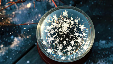 Close up of a snow globe shaking flakes with copy space background, perfect for holiday themes, Christmas decoration projects, festive winter visuals, seasonal celebration concepts, and nostalgicの素材