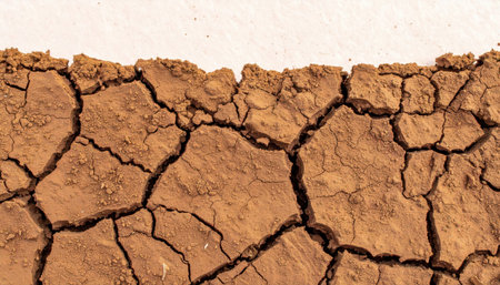 Macro close up of desert cracked clay detail with copy space background, suitable for nature studies, drought concepts, environmental issues, earth texture projects, and climate change visuals.の素材