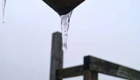 Macro close up of icicle edge melting with copy space background, perfect for winter themes, seasonal weather visuals, natural ice detail projects, climate change concepts, and abstract frozen textureの素材