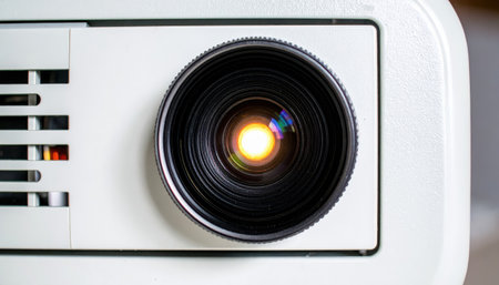 Macro close up of projector lens glowing with copy space background, suitable for technology themes, presentation projects, entertainment visuals, cinema concepts, and digital device design.の素材