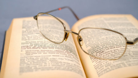 Macro close up of reading glasses on a book page with blurred copy space background, suitable for education themes, literature projects, vision concepts, study visuals, and lifestyle photography.の素材