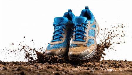 Macro close up of sneakers splashing mud with copy space background, perfect for sports themes, outdoor adventure projects, active lifestyle visuals, rugged fashion concepts, and fitness photography.の素材