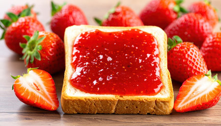 Macro close up of strawberry jam spread on toast with blurred copy space background, perfect for food photography, breakfast themes, homemade snack visuals, sweet dessert projects, and culinaryの素材
