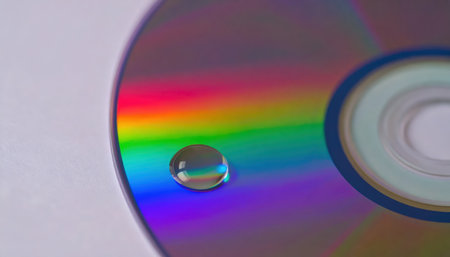 Macro close up of water droplet on CD rainbow reflection with copy space background, perfect for abstract design themes, colorful light projects, creative texture visuals, optical pattern studies,の素材