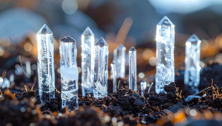 Macro needle ice columns emerging soil cool tones wallpaper background representing frozen surface detail suitable for cold natural designの素材