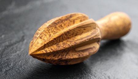 Wooden citrus reamer with grain detail handle offset for copy clean studio scene minimal background for kitchen product mockup recipe layout and food stylingの素材