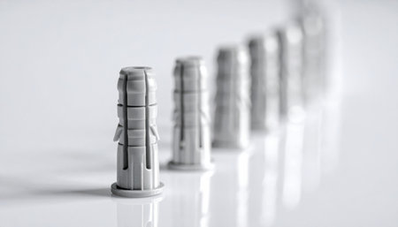 Dowel pin array in size order forming a soft arc with gentle reflections close up engineering parts product background minimal with clean copy space for banner and layoutの素材