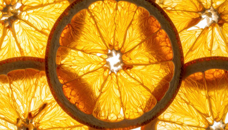 Dried citrus cross section backlit to translucency upper copy representing kitchen ingredient suitable for culinary wellness and fresh brandingの素材
