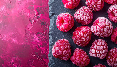 Freeze dried raspberry pieces on matte slate rich magenta right copy space representing vibrant food texture suitable for culinary branding packaging and menusの素材