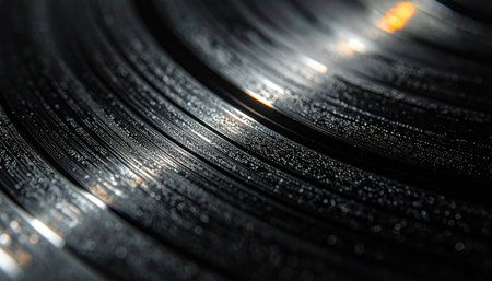 Vinyl record grooves with a single highlight line dark neutral central copy space representing music texture suitable for retro branding album design and backgroundsの素材