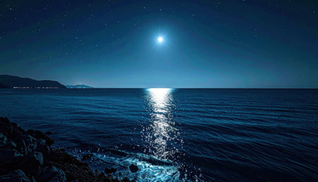 Faint nocturnal skyglow over a calm sea near black palette expansive copy field representing coastal night mood suitable for astronomy travel and minimalist backgroundsの素材