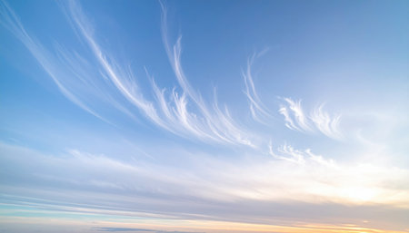 Pale cirrostratus with faint sundogs minimalist sky generous top copy representing halo optics suitable for weather education astronomy and clean designの素材