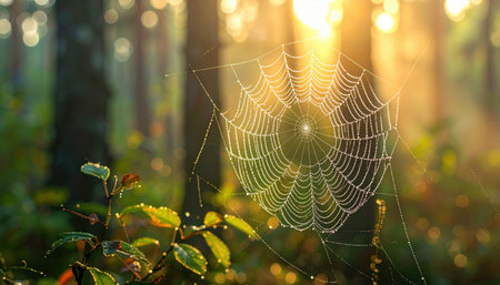 Dew beaded spider silk against forest blur subtle sparkle left copy field representing nature macro suitable for science decor and calm designの素材