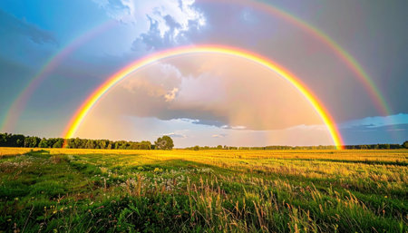 Subtle double rainbow remnant over calm field soft rain texture central copy area representing gentle weather optics and pastoral serenity suitable for education visuals travel inspiration and clean designの素材
