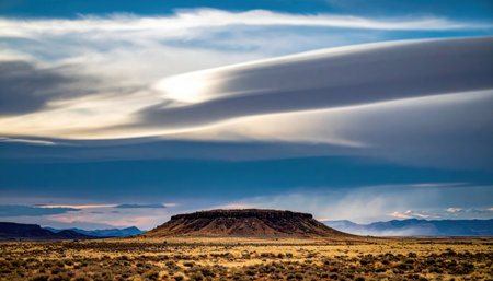 Desert plateau with virga streaks and long lens flattened distance representing arid storm optics and elegant surface layers suitable for science education travel essays and minimalist designの素材