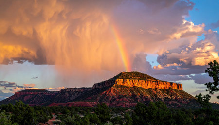 Cinematic desert photo of a mesa crown under a curtain of virga at sunset, a sun ribbon touching only the rim for refined contrast.の素材