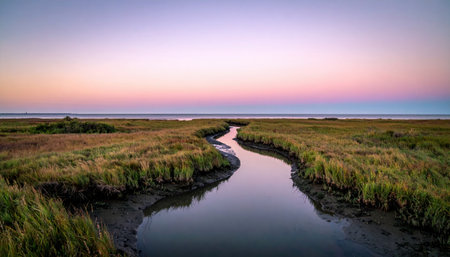 Cinematic marsh photo of a remote salt creek at astronomical twilight, faint copper sky mirrored in winding bends for serene coastal hush.の素材