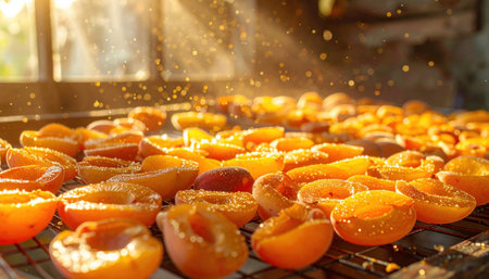 Cinematic still life of apricots on a weathered drying rack, golden dust suspended in warm cross light with rustic backdrop for artisan food mood.の素材