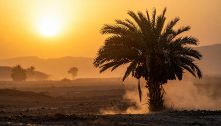 Cinematic desert orchard photo of date clusters swaying against dust filtered sun, pure silhouettes and moody amber haze for timeless warmth.の素材