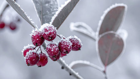 Cinematic orchard photo of chokeberry clusters in sleet, diagonal streaks and matte leaves with a cold neutral grade for wintry calm.の素材